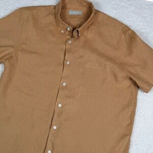 Everlane Mens Size L Short Sleeve Linen Button Down Shirt Brown Ochre